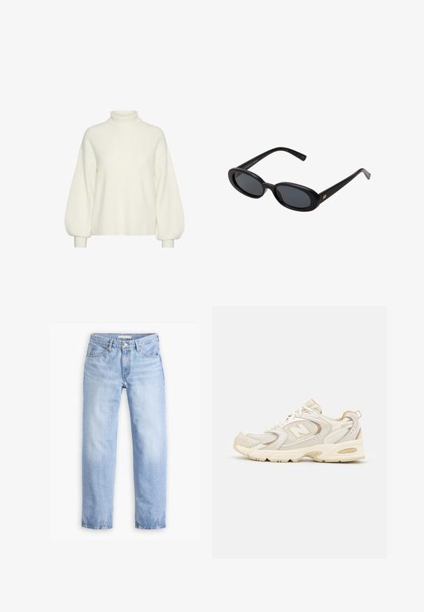 Maglione bianco a collo alto lavorato a maglia con maniche lunghe e voluminose e una vestibilità comoda. Motivo testurizzato su tutta la superficie con polsini aderenti.; Jeans in denim azzurro chiaro con design a gamba dritta, cinque tasche e vita a media altezza. Presenta una finitura sbiadita e orlo cucito.; Scarpe sportive beige con sovrapposizioni in mesh e materiale sintetico, dotate di una superficie testurizzata, colletto imbottito e ammortizzazione "ABZORB" nel tallone.; Occhiali da sole neri oversize con lenti ovali, montatura in plastica liscia e accenti dorati sulle tempie. Le lenti scure offrono protezione dal sole.