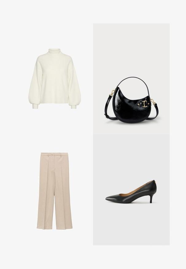 Bijela pletena turtleneck pulover s dugim, obimnim rukavima i opuštenim krojem. Tekstuirani uzorak kroz cijeli komad s uskim manžetama.; Svjetlosmeđi široki hlače s glatkom teksturom, s naboranom prednjom stranom i bočnim džepovima, te dizajnom struka koji se prilagođava.; Crne kožne cipele s uskim vrhom, niskom petom i glatkom teksturom. Imaju blago otvaranje sprijeda i minimalne metalne detalje straga.; Crna torbica od lakirane kože s zakrivljenim oblikom, podesivim remenom i detaljem od zlatnog metala sa strane. Glatka, sjajna tekstura.