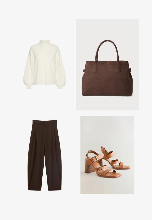 Bela pletena turtleneck pulover s dolgimi, voluminoznimi rokavi in sproščenim krojem. Tekstura po celotnem puloverju z oprijetimi manšetami.; Rjave hlače visoke pasu s pregibi, narejene iz gladkega materiala. Ohlapen kroj, ravne nogavice, z zankami za pas in zadrgo.; Rjave usnjene sandale s visokimi petami, več trakovi, zlate kovinske dodatke in nagnjeno blok peto. Gladka tekstura, dizajn z odprto konico.; Rjava tote torba iz umetnega usnja z dvema trdnima ročajema, strukturirano obliko in minimalističnim dizajnom, ki vsebuje subtilne šive.
