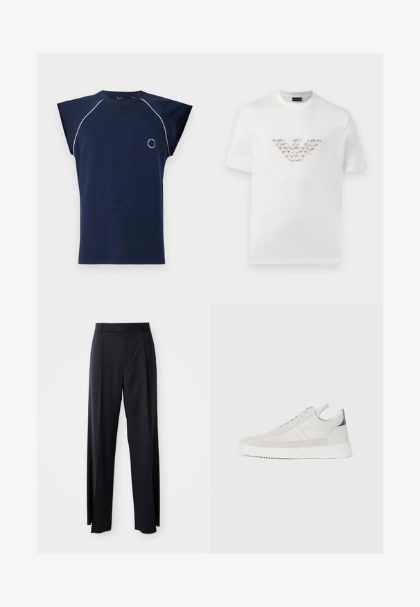 Ron Dorff SLEEVELESS PIPING - Sweatshirt - deep ocean; Vit bomullströja med korta ärmar och rundad halsringning. Har en central logotypdesign i rosa och bruna nyanser.; Svarta, högmidjade byxor med vida ben, gjorda av mjukt tyg. Har framtill veck och bälteshällor. Minimalistisk design, ingen synlig hårdvara.; Vita lädersneakers med grå mockadetaljer, snördesign, dragflik och texturerad gummisula med ett zigzag-mönster.