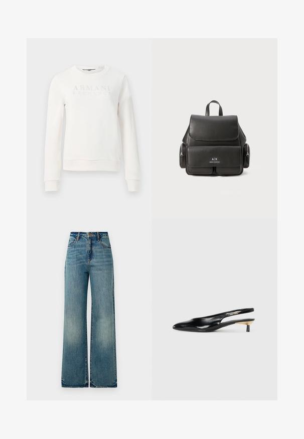 Hvid crewneck sweatshirt lavet af blødt stof, med oprejst bogstavlogo "ARMANI EXCHANGE" på forsiden. Ribkantet manchetter og kant.; Lysblå denim vidbenede jeans har en høj talje, fem lommer og let rippede kanter, der viser en tekstureret, falmet finish.; Sort slingback stiletto med spids tå, blank læderfinish og en lille hæl med guldaccent. Slankt design med åben ryg.; Sort læderrygsæk med flaplukning, for-lynlomme, sidelommer med lynlås og et topgreb. Har logodetaljer foran.