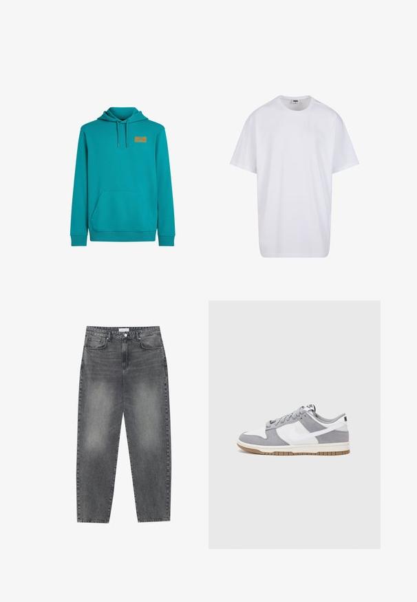 Sudadera turquesa con un bolsillo frontal tipo canguro, capucha con cordón y una pequeña etiqueta naranja en el pecho. Tejido suave y puños acanalados.; Camiseta blanca de algodón con mangas cortas, cuello redondo, corte relajado y sin logotipos ni patrones visibles. Textura suave y diseño minimalista.; Jeans de cintura alta y corte holgado en denim negro desgastado. Con cinco bolsillos, pasadores para el cinturón y un diseño de pierna recta y limpia.; Zapatilla gris y blanca con parte superior de ante y cuero, puntera redondeada, cordones planos y suela de goma con un acento de goma.