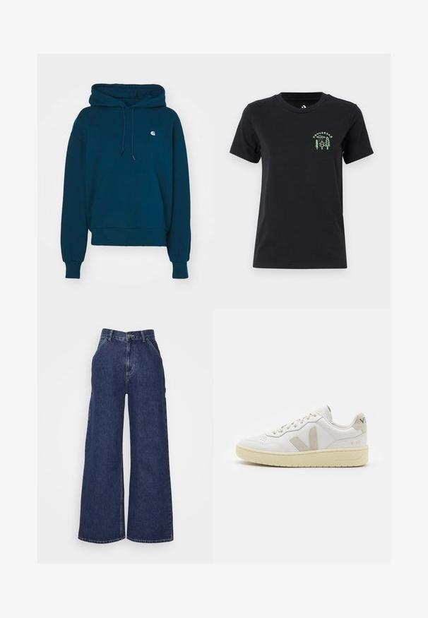 Navy blue hoodie with a drawstring hood, kangaroo pocket, ribbed cuffs, and hem; features a small logo on the chest pocket.; Converse FOREST ART TEE - Print T-shirt - black; Wide-leg denim jeans in dark blue, featuring a high waist, front pockets, and a zipper fly with a metal button. Smooth texture and classic design.; White leather sneaker with beige suede accents, perforated toe box, flat laces, and a textured cream sole. Features subtle branding on heel.