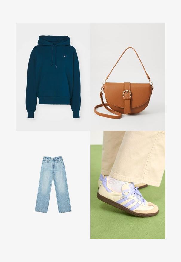 Námořnická modrá mikina s kapucí na stažení, klokaní kapsou, pružnými manžetami a lemem; má malé logo na kapsičce na hrudi.; Světle modré džíny s širokými nohavicemi a vysokým pasem, s bledým odstínem a malými, rozptýlenými detaily opotřebení po celém povrchu.; Krémové a levandulové tenisky se třemi pruhy a texturovanou hnědou podrážkou, vybavené tkaničkami a polstrovanou patou. Měkký textilní svršek.; Hnědá kožená křížová taška s zakřiveným tvarem, zlatými detaily a akcentem s přezkou. Obsahuje odnímatelný popruh na rameno.