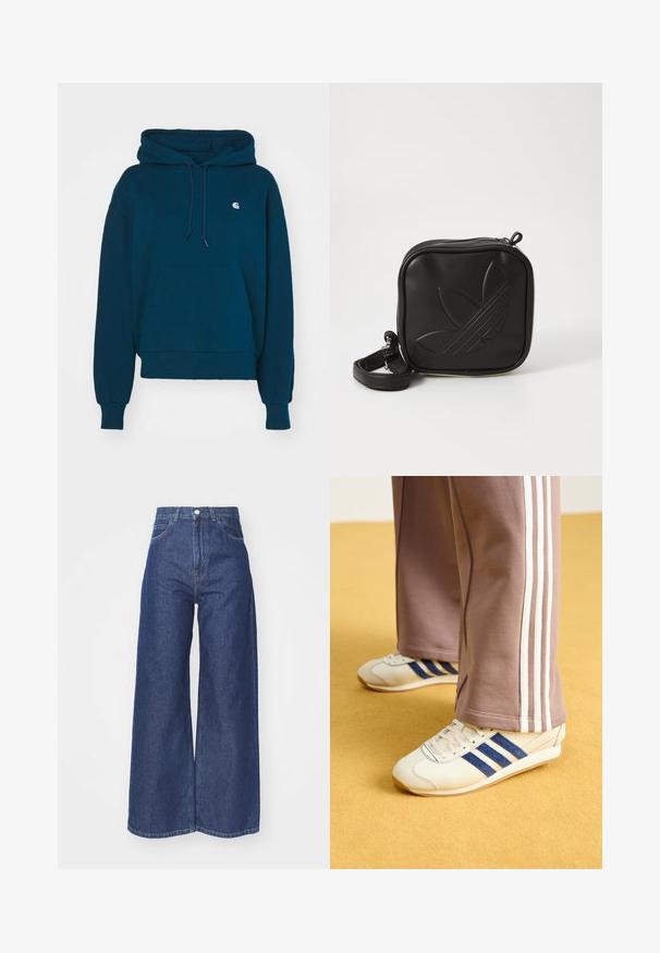 Felpa blu navy con cappuccio regolabile, tasca a marsupio, polsini e orlo a costine; presenta un piccolo logo sulla tasca del petto.; Jeans a gamba larga in denim blu scuro. Design a vita alta con chiusura a zip e bottone. Presenta uno stile classico a cinque tasche e bordi orlati.; Sneakers crema con strisce in suede blu, lacci bianchi e suola in gomma. Abbinati a pantaloni sportivi grigi con strisce laterali bianche.; Borsa a tracolla nera realizzata in materiale sintetico testurizzato. Presenta un design con logo inciso e una tracolla regolabile. Chiusura con zip.