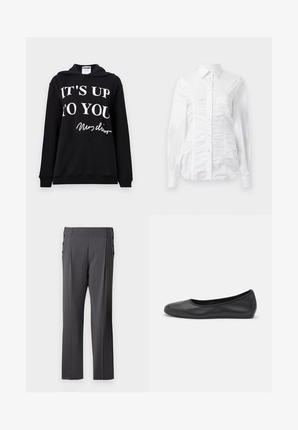 Juoda medvilnės ir sintetinio pluošto hoodie, su ryškiai balta užrašu "TAVO PASIRINKIMAS" ir parašu. Reguliaraus kirpimo, su raišteliu ant gobtuvo.; Balta marškininė su ilgomis rankovėmis, su raukšlėta tekstūra priekyje, mažais auksiniais mygtukais ir standartiniu apykakle.; Pilki pritaikyti kelnės su tiesiomis kojomis, priekiniais raukiniais ir dekoratyviais šoninėmis sagutėmis, suteikiančiomis papildomą detalumą. Sklandus audinio tekstūros.; Juodai odiniai baletai su apvaliu pirštu, lygi texture, minimalus siuvimo detales ir lanksčiu padų dizainu.