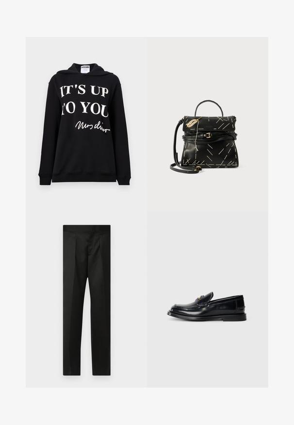 Melnā kapuce, izgatavota no kokvilnas maisījuma, kurā ir spilgti baltā krāsā rakstīts "TAS IR ATKARĪGS NO TEVĒS" un paraksts. Parastā piegriezumā ar auklu kapuci.; Melnas bikses ar gludu audumu, pielāgotu dizainu, taisnām kājām un platu jostu bez redzamām aizdaram vai kabatām.; Melna ādas loaferi ar izšuvuma dizainu, nelielu priekšējo atloku un plakanu gumijas zoli. Gluda tekstūra ar zeltainām detaļām.; Melnas ādas rokassomu ar ģeometrisku baltu šuvumu, augšējo rokturi un noņemamu plecu siksnu. Iekļauj zeltītus akcentus un rāvējslēdzēja aizdari.