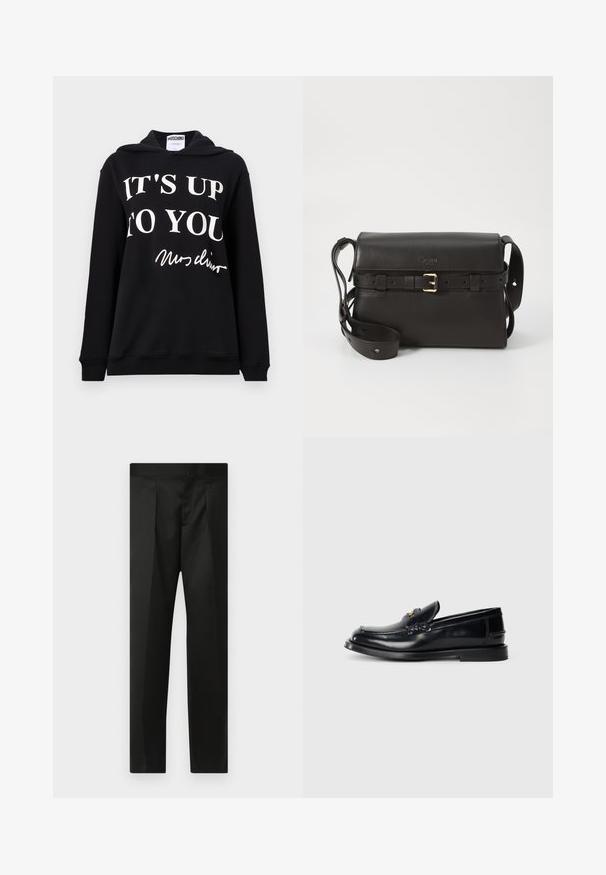 Fekete kapucnis pulóver pamut keverékből, rajta feltűnő fehér szöveggel: "Rólad Szól" és egy aláírás. Normál fazon, húzózsinórral ellátott kapucnival.; Fekete nadrág sima anyaggal, testhezálló fazonnal, egyenes lábakkal és lapos derékkal, látható zárak vagy zsebek nélkül.; Fekete bőr loaferek, varrott mintával, kis elülső hajtókával és lapos gumitalppal. Simább textúra aranyszínű hardware kiemeléssel.; Fekete bőrtáska strukturált formával. Arany csatt díszítéssel, állítható pánttal és sima textúrával rendelkezik. Minimalista dizájn.