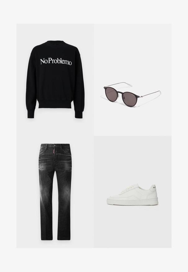 Muston, ümar kaelusega, millel on valge kiri "NoProblemo" rinnal. Ribitud mansetid ja äär, pehme kangatextuur.; Mustad denim püksid otse lõikega. Omavad kulunud piirkondi, väikseid kahjustusi, klassikalist viit taskut ning nööpkinnitust.; Valge nahast tennis, millel on sile põhi, ümar varvas, lamedad nöörid ja tekstuuriline tall. Sisaldab diskreetset logo kontsaribal.; Mustad mustad prillid tumedate läätsedega ja õhukeste metallist käepidemetega. Kaarja kujuga seljaosa ja hõbedased aktsendid hingel. Minimalistlik disain.