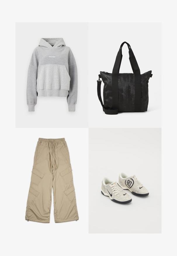 Siva kapuca z zadrgo s sprednjim žepom, nastavljivim ovitkom za kapuco in rebrastim robom. Ponuja kontrastno teksturo in bel napis "PEGADOR".; Bežne cargo hlače s pasom na vrvico, več stranskih žepov in sproščenim fit. Narejene iz lahke, gladke tkanine z detajli šivanja.; Nike superge z zgornjim delom v bež in sivi teksturi, črnimi detajli, velikim logotipom "90" in belim vezalnim zapiranjem. Črn podplat.; Črna torba z teksturirano tkanino, dualnima zgornjima ročajema in snemljivim naramnim trakom. Ima zadrgo za varno shranjevanje.