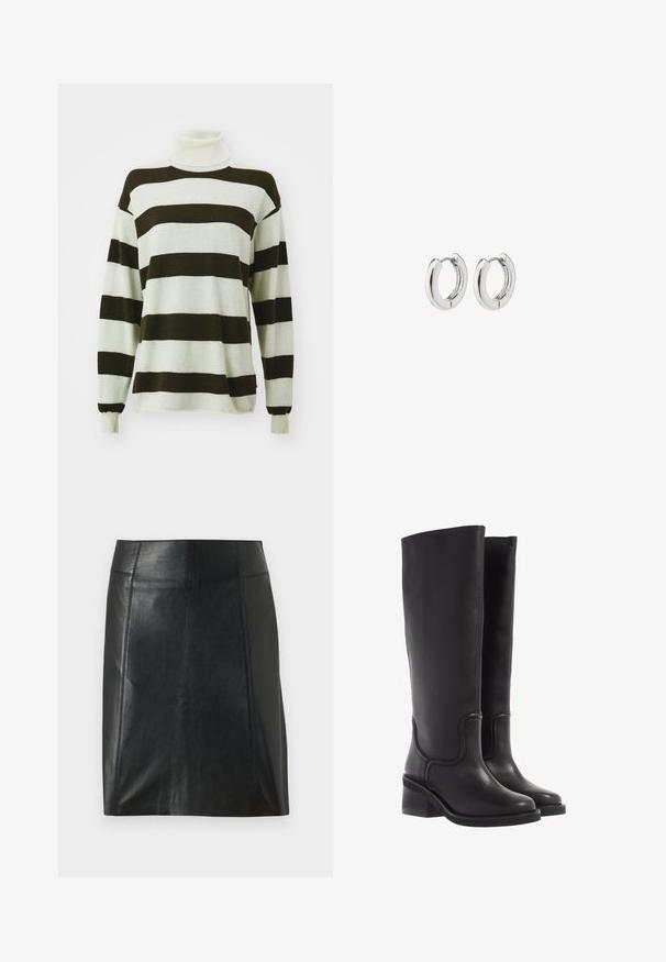 Sweter w paski z szerokimi ciemno-brązowymi i jasnoszarymi paskami, projekt z golfem, długie rękawy i miękka faktura.; Czarna skórzana spódnica o dopasowanym kroju. Gładka tekstura, szwy podkreślające kształt i prosty dół. Minimalistyczny i elegancki wygląd.; Czarne skórzane kozaki do kolan o gładkiej fakturze, zaokrąglonym nosku i masywnym obcasie. Posiadają subtelne przeszycia i elegancki kształt.; Srebrne kolczyki na kółkach o polerowanym wykończeniu, z okrągłym wzorem i bezszwowymi zawiasami, charakteryzujące się gładką teksturą.