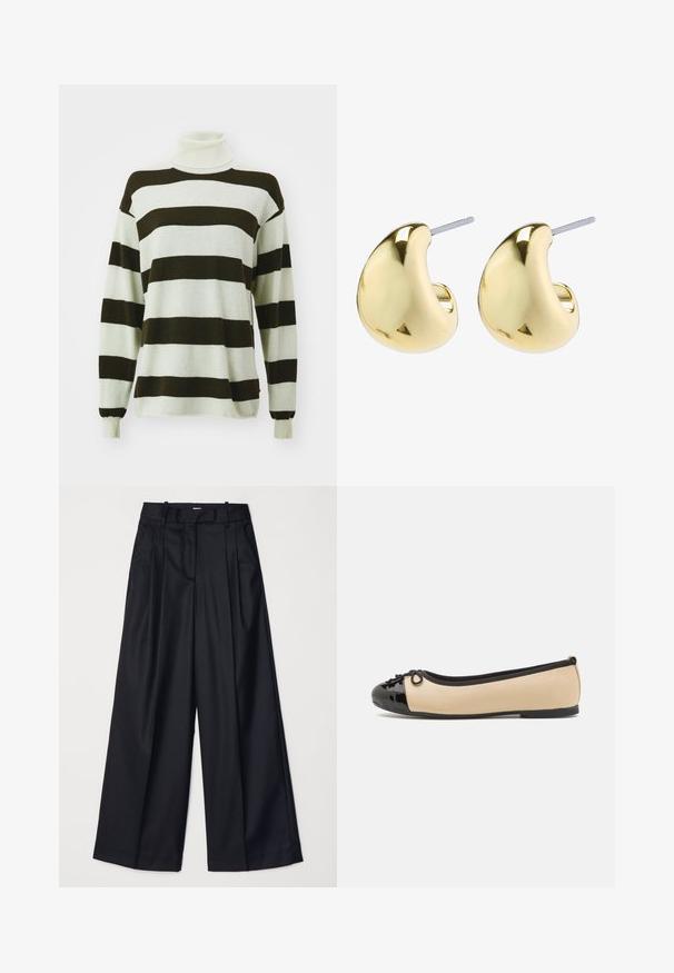 Gestreifter Pullover mit breiten dunkelbraunen und hellgrauen Streifen, Rollkragen-Design, langen Ärmeln und weicher Textur.; Schwarze weit geschnittene Hosen aus glattem Stoff, mit hoher Taille, Falten und einer taillierten Passform. Einfaches schwarzes Zubehör an der Taille.; Ballerinas mit einem beigen Lederoberteil und einer glänzenden schwarzen Lackleder-Zehenkappe. Mit einem kleinen Schleifendetail an der Vorderseite. Flacher Absatz.; Goldfarbene Ohrringe mit einer glatten, runden Form, die eine reflektierende Oberfläche und einen Steckverschluss für sicheren Halt aufweisen.