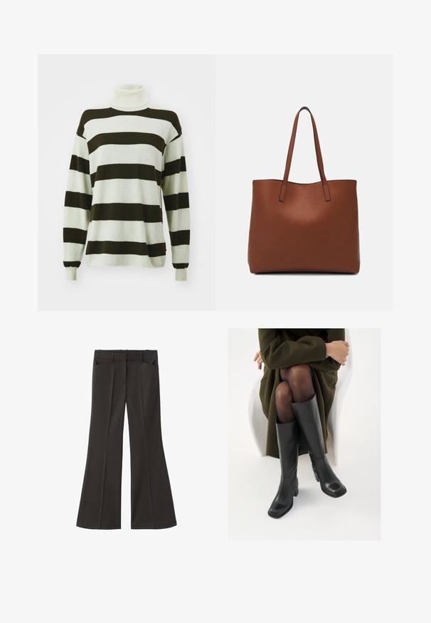 Maglione a righe con ampie righe marrone scuro e grigio chiaro, design con collo alto, maniche lunghe e texture morbida.; Pantaloni neri a zampa d'elefante con vita alta; presentano due tasche frontali e una texture del tessuto liscia. Adatti per varie occasioni.; Stivali neri in pelle alti fino al ginocchio con punta squadrata e tacco a blocco, mostrati con un modello seduto in un cappotto verde oliva. Texture liscia, dettagli minimi.; Borsa tote in pelle marrone con texture liscia, design con apertura superiore e due spallacci. Presenta cuciture minime e nessun hardware visibile.