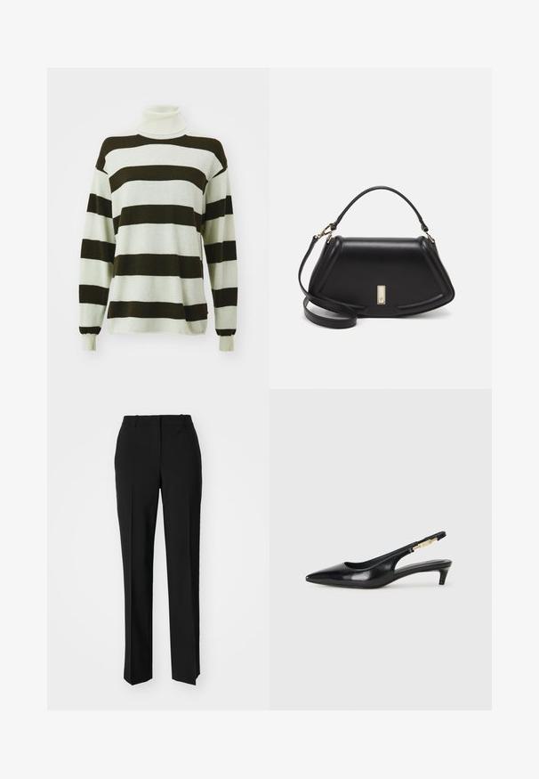 Csíkozott pulóver széles sötétbarna és világosszürke csíkokkal, garbó kialakítással, hosszú ujjakkal és puha textúrával.; Fekete, testhezálló nadrág egyenes szárú kivitelben, sima textúrával és éles redőkkel az elején. Nincs látható fémalkatrész.; Fekete bőr slingback magassarkúk, hegyes orral, vékony sarkakkal és arany színű részlettel a állítható pánton. Simа felület.; Fekete bőr kézitáska, strukturált dizájnnal, rövidített formával, felső fogantyúval és arany színű kiegészítőkkel. Állítható vállpánt is tartozik hozzá.