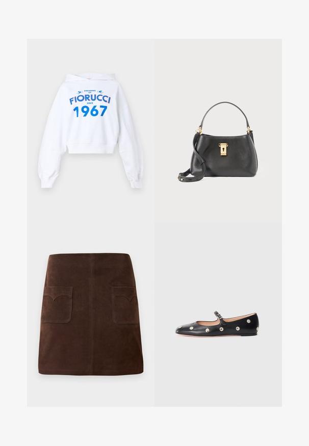 Hoodie blanc court à manches longues, avec un design de texte bleu et rouge : "RÊVANT DE FIORUCCI DEPUIS 1967" et deux accents bleus.; Jupe en suède marron présentant une silhouette A-line classique, deux poches avant avec des rabats arrondis et des détails de couture discrets.; Chaussure plate en cuir noir type Mary Jane avec un bout arrondi, ornée de clous ronds en argent et dotée d'une sangle réglable avec une boucle.; Sac à main en cuir noir avec une finition texturée, présentant une fermeture à verrou doré, une courte poignée et une bandoulière détachable.