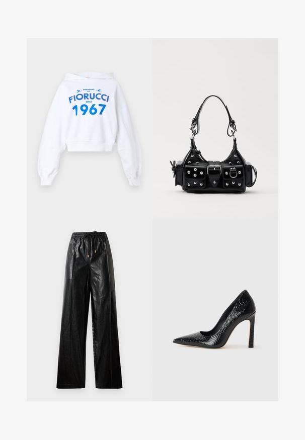 Biela skrátená mikina s dlhými rukávmi, s modrým a červeným textom: "SNIŽENIE O FIORUCCI OD ROKU 1967" a dvomi modrými akcentmi.; Čierne kožené nohavice so širokými nohavicami, elastickým pásom, sťahovacou šnúrkou a zlatými kovovými doplnkami. Hladká textúra a voľný strih.; Čierna lodička s špicatou špičkou a lakovanou textúrou krokodíla, s elegantným dizajnom, vysokým stiletto podpätkom a hladkým čiernym interiérom.; Čierna kožená kabelka s zakriveným dizajnom, doplnená striebornými cvočkami, prackou a dvoma bočnými vreckami. Nastaviteľný popruh poskytuje rôzne možnosti nosenia.