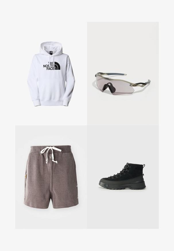 Fehér kapucnis pulóver kenguru zsebbel, melynek mellkasi részén fekete "THE NORTH FACE" logó található. Puha anyag, lezser dizájn.; Rövid szürke kötött rövidnadrág húzózsinórral a deréknál, elülső zipzárral és patent részletekkel az oldalán. A texturált anyag mélységet ad.; Fekete túrabakancs, velúr felsőrésszel, masszív gumitalppal és megerősített fűzőlyukakkal. Hátulján húzófül található a könnyű felhúzás érdekében.; Átlátszó szürke keretű napszemüveg, tónusos lencsékkel és szögletes dizájnnal. Kiemelkedő orrbetéte és texturált sötétszürke templomkarjai vannak.