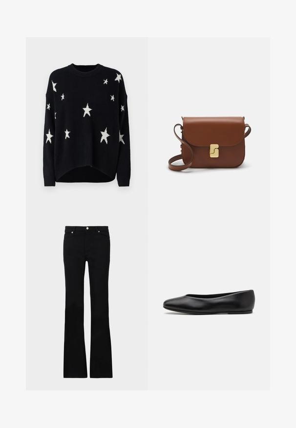 Maglione nero con motivi a stelle bianchi, scollo rotondo, spalle cadenti e orlo cropped. Realizzato in un morbido materiale lavorato a maglia.; Jeans neri svasati in denim, dotati di due tasche anteriori, chiusura con bottone e una texture liscia. Cuciture iconiche visibili nei punti di giuntura.; Paul Smith TOPANGA - Ballerine - black; Borsa a tracolla in pelle marrone con chiusura a pattina, hardware color oro, tracolla e una finitura liscia. Forma rettangolare compatta.