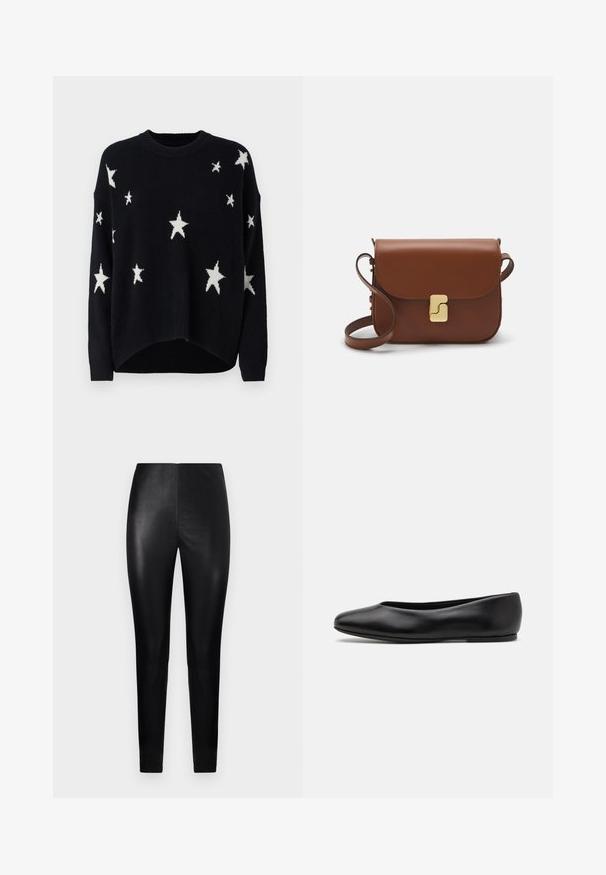 Maglione nero con motivi a stelle bianchi, scollo rotondo, spalle cadenti e orlo cropped. Realizzato in un morbido materiale lavorato a maglia.; Leggings neri a vita alta realizzati in morbida ecopelle, con un design aderente e gambe affusolate. Nessuna hardware visibile o motivi.; Paul Smith TOPANGA - Ballerine - black; Borsa a tracolla in pelle marrone con chiusura a pattina, hardware color oro, tracolla e una finitura liscia. Forma rettangolare compatta.