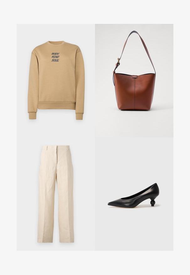 Bežs sporta krekls ar ribotu apaļu kaklu, aprocēm un apakšmalu. Uz krūškurvja tumši zils teksts "BODY MIND SOUL". Mīksta tekstūra.; Bežīgas lina bikses ar brīvu piegriezumu, krokām priekšā un taisnām kājām. Piedāvā jostu ar cilpiņām un bez redzamām kabatām.; Melnas ādas augstpapēžu kurpes ar smailu purngalu un apaļu papēdi. Gluda tekstūra ar elegantu, minimālistisku dizainu.; Brūna ādas plecu soma ar izliekta formu, gludu tekstūru un vienu plānu siksnu. Iekļauj subtilu šuvumu un mazu logotipa detaļu.