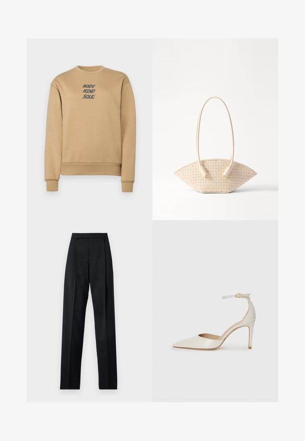 Beige színű pulóver, bordás kerek nyakkal, mandzsettával és aljjal. A "BODY MIND SOUL" felirat sötétkék színben van nyomtatva a mellkason. Puha tapintású.; Fekete nadrág sima anyagból, magas derékkal, széles lábakkal, elülső redőkkel és klasszikus övhurkokkal. Oldalzsebek nem láthatók.; Fehér bőr, magassarkú cipő hegyes orral, bokapánttal és vékony tűs sarkal. Simaszövet, finom fényes felülettel.; Szőtt bézs kézitáska egyedi ívelt formával, két textúrált fogantyúval és hengeres fém díszítésekkel.