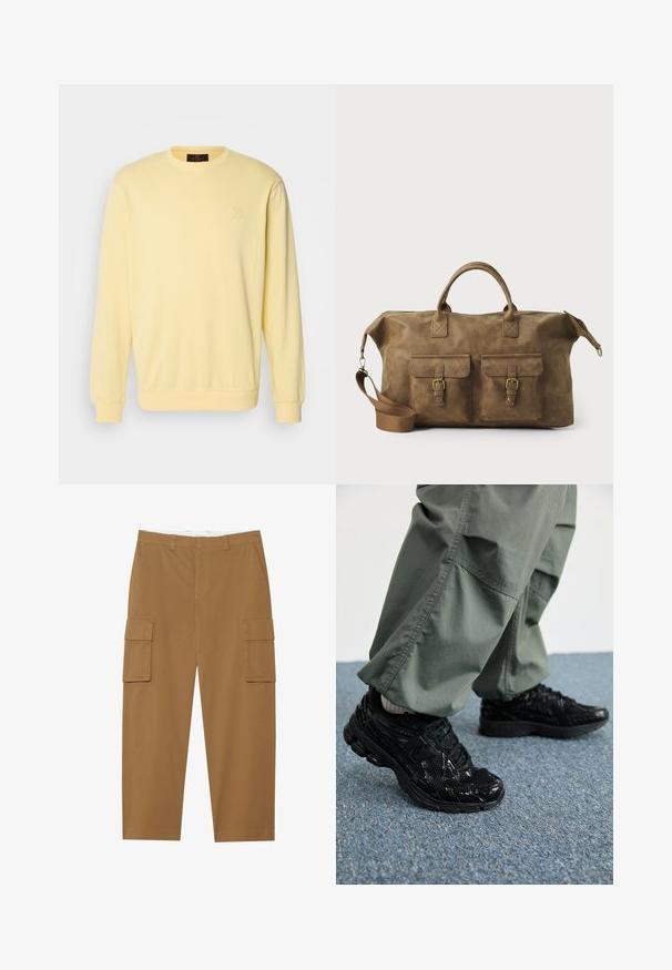 Dzeltena džemperis ar garām piedurknēm, apaļu kakla izgriezumu un smalku izcelts logo uz krūšu daļas. Mīksta auduma ar gludu tekstūru.; Trīs apļa kakla T-krekli balts, gaiši pelēks un melns. Izgatavoti no mīksta kokvilnas, ar īsām piedurknēm un brīvu piegriezumu.; Ceri brūni cargo bikses ar divām sānu kabatām, plakanu priekšpusi un taisnu kāju griezumu. Izgatavotas no izturīgas auduma ar gludu tekstūru.; Melni sporta apavi ar spīdīgu un sieta tekstūru, ar biezu zoli un auklām, kombinēti ar brīvām olīvzaļām kravas biksēm.; Brūns ādas ceļojumu soma ar diviem priekšējiem kabatām, regulējamu plecu siksnu, zelta detaļām un stingrām augšējām rokturiem. Gluda tekstūra.