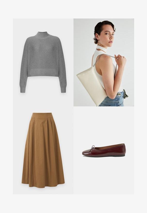 Gray ribbed sweater with a high neckline, dropped shoulders, and long sleeves. Features a textured knit and a cropped hem.; Brown cotton A-line skirt with a high waist, featuring pleats down the front and a smooth texture. Hem finishes are clean and simple.; Burgundy patent leather ballet flat with a rounded toe, small bow accent at the front, and a low, black rubber sole. Smooth texture.; White rectangular clutch bag made of glossy material, featuring a silver chain strap. Model poses, showcasing the bag against a plain background.