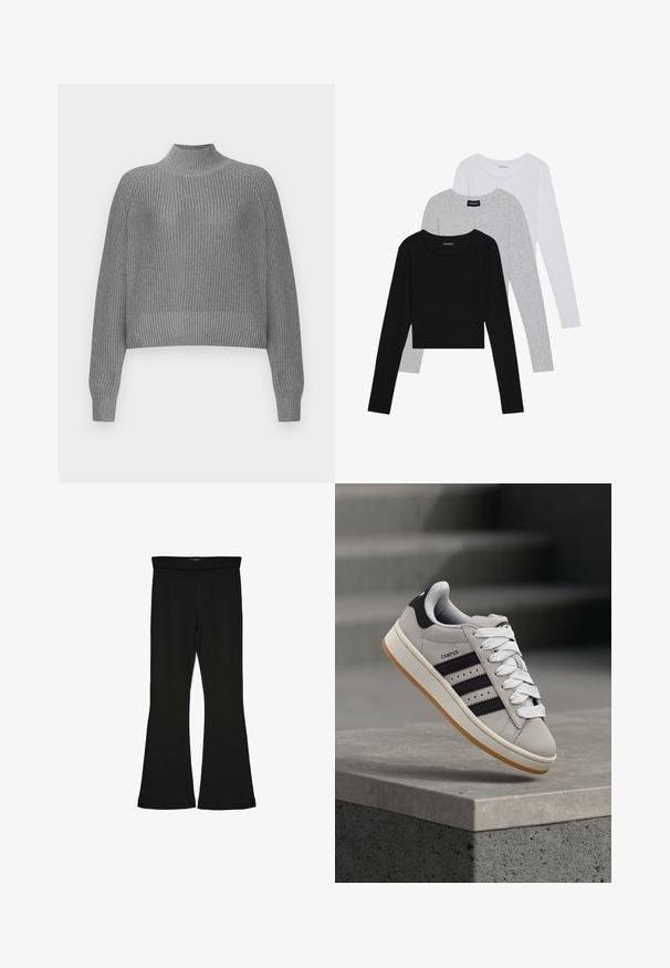 Szary, prążkowany sweter z wysokim dekoltem, opadającymi ramionami i długimi rękawami. Posiada strukturalny splot i skrócony krój.; Trzy bluzki z długim rękawem ułożone jedna na drugiej: czarna, szara i biała. Każda z okrągłym dekoltem i skróconym fasonem, wykonana z gładkiego, lekkiego materiału.; Czarne legginsy w stylu dzwonów wykonane z elastycznej tkaniny. Posiadają szeroki pas i gładką teksturę, z dopasowanym krojem, który rozszerza się ku dołowi.; Szary sneaker Adidas Campus z czarnymi paskami i białymi sznurówkami unoszący się nad betonowym murkiem, w tle schody.