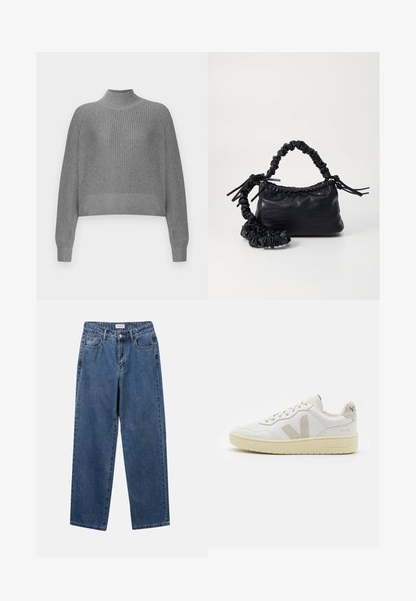 Grå rilleknit genser med høy hals, droppede skuldre og lange ermer. Har en teksturert strikk og en kort hem.; Klassiske blå denimjeans med rett ben-design, fem lommer og knappelukking. Har en middels vask og solid tekstur.; Hvite lær sneakers med beige semsket detaljer, perforert tåboks, flate lisser og en teksturert kremfarget såle. Har subtil branding på hælen.; Svart faux skinn-håndveske med krokodilletekstur, strammet topp og en rynket stropp. Ser myk og kompakt ut i designen.