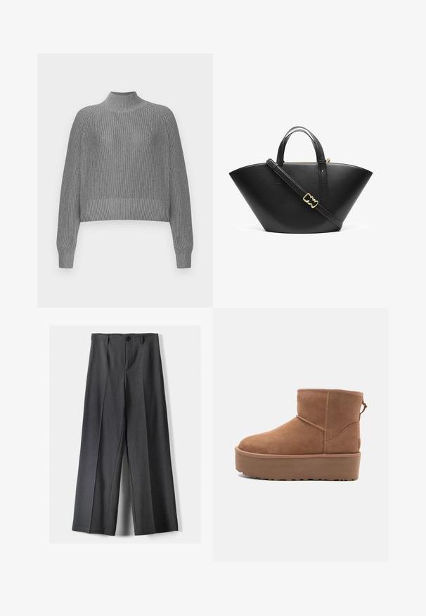 Harmaa ribbikuvioinen villapaita, jossa on korkea kaulus, roikkuvat olkapäät ja pitkät hihat. Sisältää teksturoidun neuleen ja lyhyen helman.; Housut, joissa on leveät lahkeet tummanharmaasta kankaasta. Varustettu napin sulkemisella, etupleiteillä ja vyölenkeillä. Sujuva rakenne ja räätälöity muotoilu.; Tan suede nilonini kidogo chukua na sahani ya jukwaa, mguu wenye umbo la duara, na mapambo ya kushona; inajumuisha kipande cha kubana nyuma kwa kuvaa kwa urahisi.; Musta nahkainen olkalaukku, jossa on leveä ja kulmikas muoto. Varustettu kahdella yläkahvalla ja säädettävällä olkahihnalla, jossa on kultafinishin yksityiskohta.