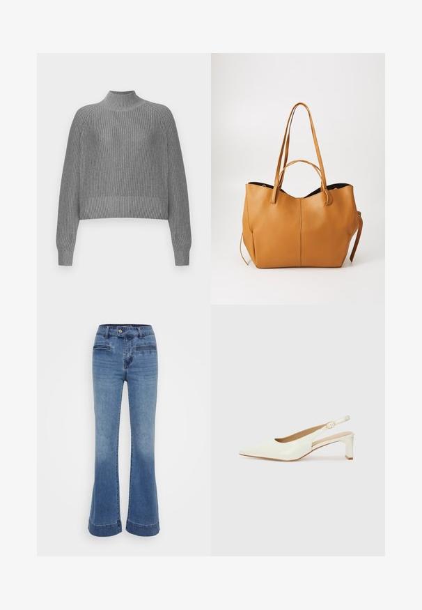 Grå rilleknit genser med høy hals, droppede skuldre og lange ermer. Har en teksturert strikk og en kort hem.; Bredde denimjeans i middels blått med høy midje, frontlommer og kontrastsøm. Stoffet er mykt med en lett slitt finish.; Hvit patentlær slingback-sko med spiss tå og lav blokkheel. Har en diskret stropp med detalj i gulltone.; Brun skinnveske med teksturert overflate, bred åpning og to lange håndtak. Har et enkelt design og minimalt med beslag.