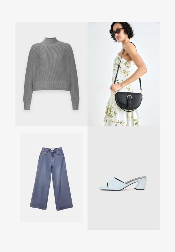 Pelēks ribota džemperis ar augstu apkakli, nolaistām plecu šuvēm un garām piedurknēm. Iezīmējas ar teksturētu adījumu un īsu apakšmalu.; Platas kājas denima bikses gaiši zils mazgājumā, ar augstu jostasvietu, priekšējām kabatām un pogu aizdari ar jostas cilpiņām.; Gaiši zilas atvērtā purngala papēžu mūlas ar ģeometrisku dizainu, kas ietver platu siksnu pāri pēdai un masīvu, stūrainu papēdi.; Melnas ādas rokassoma ar izliekta formu, noņemamu siksnu un zelta aksesuāriem. Somai ir vāciņš ar sprādzes detaļu.