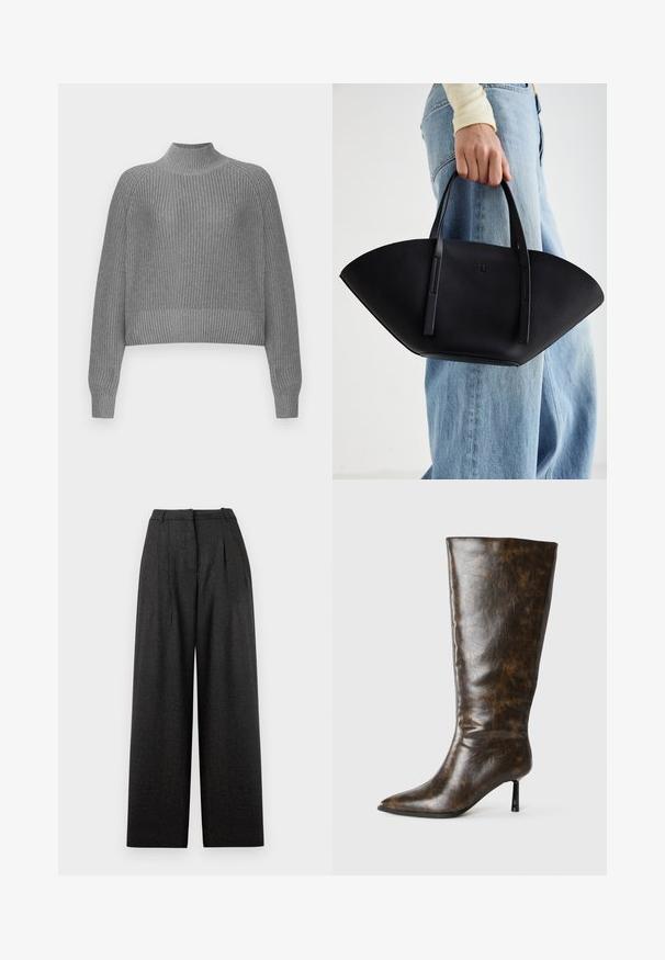 Pilkas raukšlėtas megztinis su aukštu kaklu, nuleistomis petnešomis ir ilgomis rankovėmis. Turi tekstūruotą mezginį ir trumpą hemą.; Platus kojų kelnes tamsiai pilku languotu raštu, su aukštu juosmeniu, raukšlėmis ir struktūrizuotu siluetu. Pagaminta iš tekstūruoto audinio.; Ruda apgadinta odinė iki kelių ilgaaulė avalynė su smailiu nosiu ir plonu stiletto kulnu ant balto fono.; Juodas odinis rankinis uždangalas unikaliu ventiliatoriaus formos dizainu, turintis plokščias rankenas. Paviršius turi akmeninė tekstūrą ir minimalistišką dizainą.