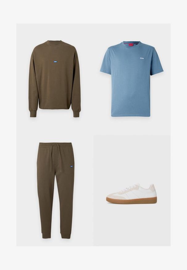 Brown long-sleeve sweatshirt with a ribbed neckline and cuffs. Features a blue rectangular logo patch on the chest. Soft cotton material.; Blue short-sleeve crewneck T-shirt with small white "HUGO" logo on left chest and red inner collar label.; Dark olive green sweatpants with an elastic waistband, drawstring, side pockets, and ribbed cuffs. Small blue logo patch on the left.; White and beige sneaker with suede and leather elements. Features a rubber sole, lace-up design, and minimalist side stripes.