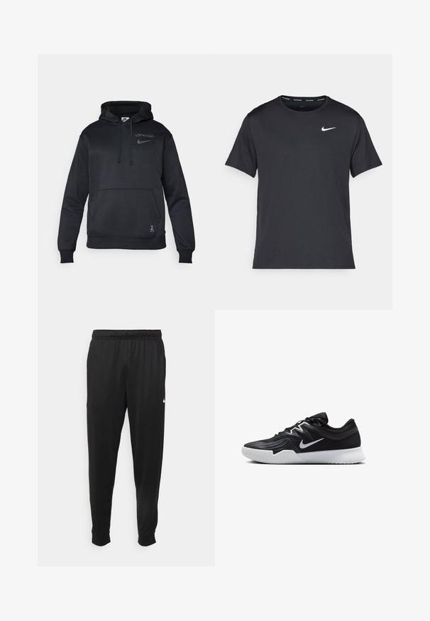 Sudadera negra de Nike con capucha ajustable, logo en el pecho, bolsillo tipo canguro, puños acanalados y dobladillo inferior, hecha de una tela suave y lisa.; Camiseta de running negra de Nike, hecha de material ligero y transpirable, con mangas cortas y un pequeño logo blanco en el pecho.; Pantalones deportivos negros de tejido suave, con cintura elástica, perneras ajustadas y un pequeño logotipo blanco en el lado izquierdo.; Zapatilla deportiva negra con parte superior texturizada, logo de Nike en blanco y suela de goma blanca. Tiene un diseño con cordones y una forma dinámica.