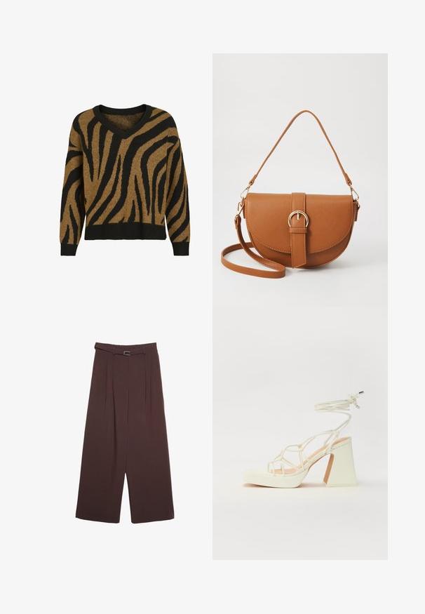 VILA VICILIA - Vesta - black; Stradivarius WIDE-LEG WITH BUCKLE DETAIL - Hlače - dark brown; Bijela sandala na visokoj potpetici s debelim petom, s remenom i vezanjem oko gležnja. Glatka tekstura s platformom sprijeda za dodatnu visinu.; Smeđa kožna torba preko tijela s zakrivljenim oblikom, zlatnim metalnim detaljima i naglaskom na kopču. Ima odvojivu naramenicu.