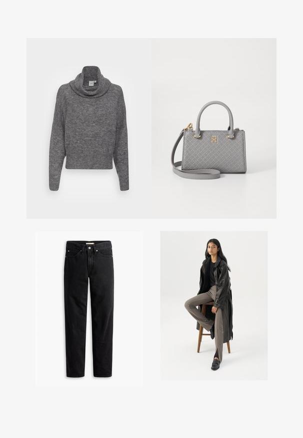 Grauer Cowl-Neck-Pullover, aus weichem Strickmaterial. Hat lange Ärmel und ein kurz geschnittenes Design mit einer leicht strukturierten Oberfläche.; Schwarze gerade Jeans mit Knopf- und Reißverschluss, Gürtelschlaufen sowie Vorder- und Gesäßtaschen, auf weißem Hintergrund flach präsentiert.; Schwarzer Leder-Trenchcoat mit Knöpfen und Gürtel-Detail, kombiniert mit hellbraunen, taillierten Hosen und schwarzen Slippern, sitzt auf einem Holzschemel.; Tommy Hilfiger ETERNITY MICRO TOTE MONO - Handtasche - universal grey