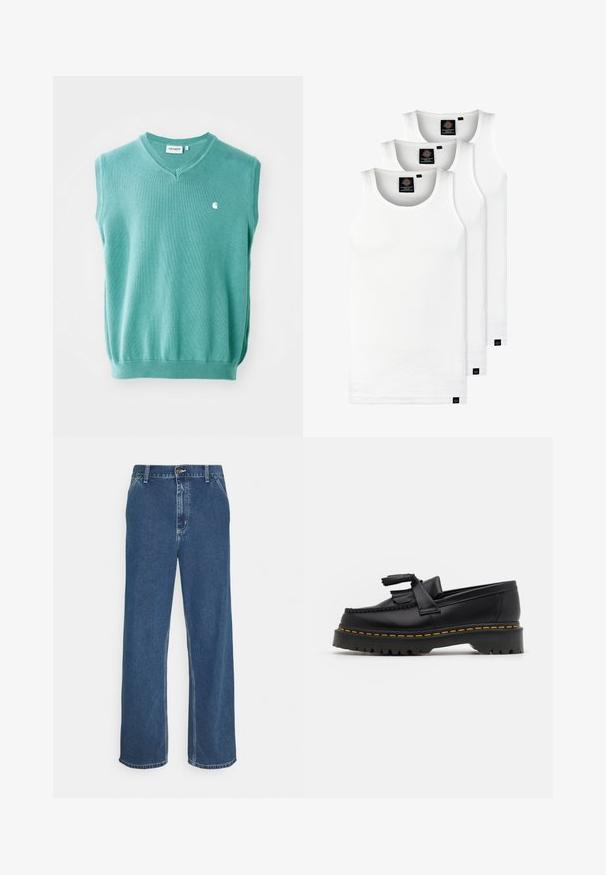 Žalias be rankovių megztinis, pagamintas iš mezginio, su V formos iškirpte ir mažu baltu logotipu kairėje krūtinės pusėje.; Trys balti, dryžuoti marškiniai be rankovių, pagaminti iš medvilnės. Yra apvalus kaklas ir maži juodi etiketės netoli siūlės. Siūlomi įvairių dydžių.; Mėlyni džinsai su tiesiu kirpimu, penkių kišenių dizainu, metaliniu sagatavu uždarymu ir matomomis siūlėmis palei siūles ir kraštus.; Juodas odinis loaferis su kutais, turintis masyvų juodą pado ir geltonus siūlus palei kraštą. Textūruota danga.