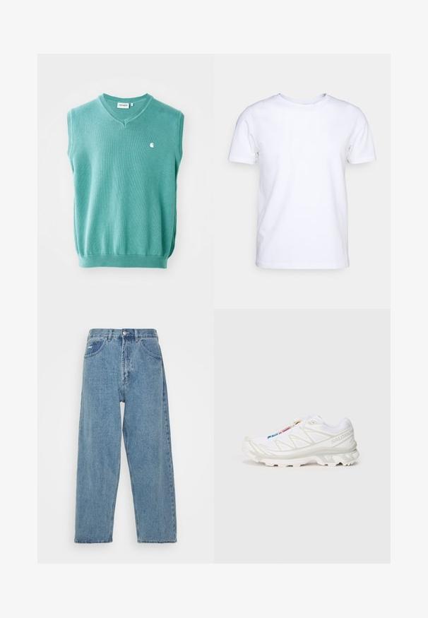 Zaļš bezodalīgas džemperis, kas izgatavots no adīta materiāla, ar V veida dekoltē un mazu baltu logo kreisajā krūtī.; Balts īsām piedurknēm T-krekls no kokvilnas auduma ar apaļu kakla izgriezumu. Vienkāršs dizains bez rakstiem vai akcentiem. Gluda tekstūra.; Gai zilo denima džinsu bikses ar augstu vidukli, brīvu piegriezumu, divām priekšējām kabatām, aizmugurējo kabatu un pogu aizdari.; Balti sporta apavi ar teksturētu sietu augšdaļu, atstarojošiem akcentiem un mīkstu zoli. Izteikts zīmola logotips sānos.