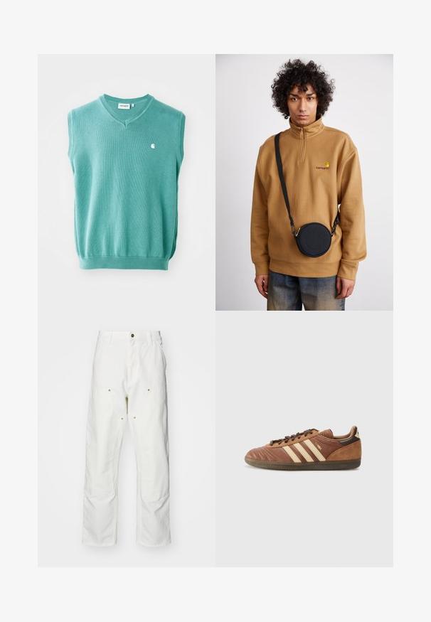 Zöld ujjatlan pulóver, kötött anyagból készült, V-kivágású designnal és egy kis fehér logóval a bal mellen.; Fehér pamut cargo nadrág, laza szabású. Jellemzői közé tartozik az elülső zsebek, az arany színű fémalkatrészek és a megerősített térd részek.; adidas Originals SAMBA UNISEX - Sportcipő - preloved brown/sand strata/dark brown; Barna negyedzipzáras polárpulóver hímzett logóval, amelyet egy fekete, cipzáras, logós részlettel ellátott keresztpántos táska alatt viselnek farmernadrág felett.