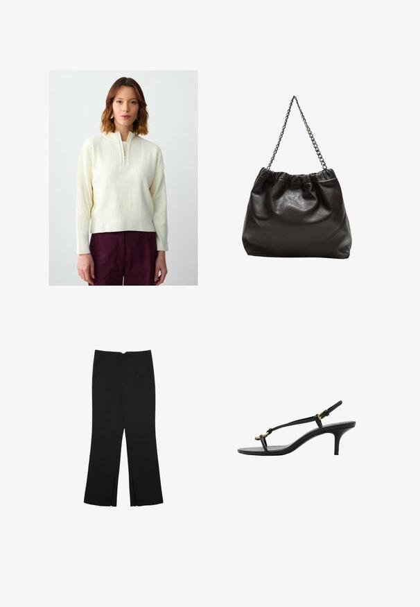 Pull en maille côtelée couleur crème avec un zip quart à l'avant, des manches longues et une coupe décontractée. Stylé avec un pantalon bordeaux profond.; Pantalon noir avec une coupe droite, doté de poches avant et d'éclairs sur l'ourlet. Fabriqué en tissu doux et lisse. Convient à diverses occasions.; Sandale à talon aiguille noire en cuir avec des fines bandoulières, boucle dorée et une boucle pour les orteils minimaliste sur fond blanc.; Sac en cuir marron avec un haut froncé et une bandoulière en chaîne. Texture lisse avec une finition brillante et des coutures subtiles sur les côtés.