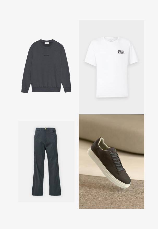 Pier One Mikina - dark grey; Biely bavlnený tričko, krátke rukávy, klasický výstrih. Obsahuje čierny textový logotyp "JACK & JONES" na ľavej strane hrudníka. Jednoduchý, hladký dizajn.; Čierne nohavice so straight leg strihom, vyrobené z bavlnenej zmesi. Majú kovové zapínanie a bočné vrecká. Bez viditeľných vzorov.; Tmavohnedé semišové tenisky s ladiacimi šnúrkami a bielou gumovou podrážkou, umiestnené nad štruktúrovaným béžovým povrchom s jemným pozadím.