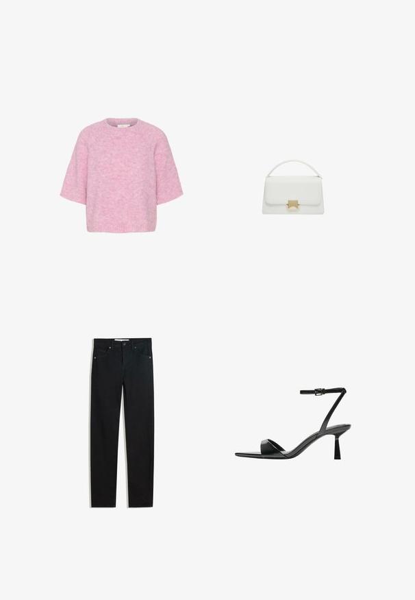 Ružičasti pleteni džemper s kratkim rukavima, okruglim izrezom i mekanom, pahuljastom teksturom. Ima opušteni, kutijasti kroj i bešavnu izradu.; Crne traperice s ravnim dizajnom nogavica, pet džepova, metalnim zatvaranjem na gumbe i suptilnim detaljima šivanja. Glatka tekstura.; Bershka Sandale s visokom petom - black; Bijela kožna torbica sa strukturiranim dizajnom, s gornjom drškom i zlatnim kopčanjem. Glatka tekstura i minimalistički detalji.