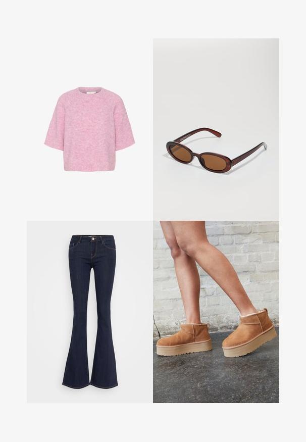 Vaaleanpunainen neulepaita lyhyillä hihoilla, pyöreällä kaula-aukolla ja pehmeällä, karhealla tekstuurilla. Ominaisuuksina rento, laatikkomainen istuvuus ja saumaton rakenne.; Tummat farkut, joissa on leveät lahkeet ja muotoonommeltu vyötärö, edessä nappikiinnitys, viisi taskua ja sauman yksityiskohtia lahkeissa.; Ruske mokasine do gležnja od nubuk kože s mekim podstavom, debelim bež platformama i stražnjim držačem. Teksturirana površina s vidljivim detaljima šavova.; Pyöreät, ruskehtavat aurinkolasit, joissa on kiiltävä burgundinpunainen runko. Kapeat sivut, joissa on hienovarainen brändäys. Litteät linssit.