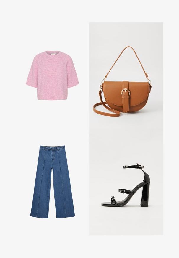 Vaaleanpunainen neulepaita lyhyillä hihoilla, pyöreällä kaula-aukolla ja pehmeällä, karhealla tekstuurilla. Ominaisuuksina rento, laatikkomainen istuvuus ja saumaton rakenne.; Korkeat vyötäröiset, keskisiniset, leveiden lahkeiden denim-farkut, joissa on nappikiinnitys ja kontrastiväriset pystysaumadetaileja edessä.; Musta kiiltäväpintainen korkokengät, joissa on kaksi solkikiinnitystä, neliönmuotoinen kärki ja paksu korko, sileällä, kiiltävällä pintarakenteella.; Ruskean nahkainen olkalaukku, jossa on kaareva muoto, kultaiset yksityiskohdat ja solkiyksityiskohta. Varustettu irrotettavalla olkahihnalla.