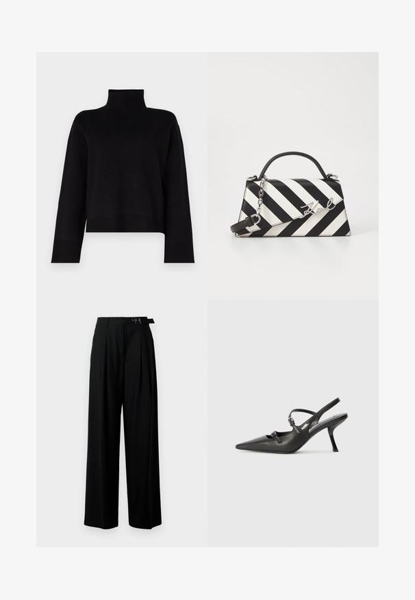 Musta, lyhyt turtleneck-poolo, joka on valmistettu pehmeästä neuleesta. Siinä on pitkät hihat ja ribbineuleet hihojen ja helman reunoilla.; Mustat leveät housut korkealla vyötäröllä, etuosassa laskokset ja soljellinen vyö. Valmistettu sileästä ja kevyestä kankaasta.; Mustat nahkaiset slingback-korkokengät, joissa on terävä kärki, hoikka korko ja koristeellinen solkityyny varpailla. Tasainen pinta ja tyylikäs muotoilu.; Mustikkamustavalkoinen raita käsilaukku, jossa on jämäkkä muoto, ylhäällä oleva kahva, irrotettava ketjuhihna ja metallinen logoelementti.