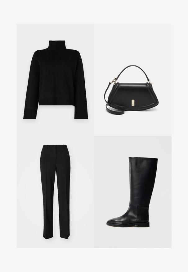 Juodas, trumpas golfas, pagamintas iš minkštos mezgimo medžiagos. Turi ilgus rankovės ir įvarvėjimo akcentus ant rankogalių ir apdailos.; Juodi pritaikyti kelnių modeliai su tiesiomis kojomis, pasižyminčios lygiomis tekstūromis ir ryškiomis klostėmis priekyje. Nėra matomų detalių.; Juodos odinės kelio ilgio boot'ai su apvaliu pirštu, lygia tekstūra, minimalistiniu dizainu ir plokščiu padu. Paprasti siuvinėjimo detalės ant šonu.; Juoda odinė rankinė su struktūrizuotu dizainu, turi trumpą formą, viršutinę rankeną ir auksinius akcentus. Pridėtas reguliuojamas peties diržas.