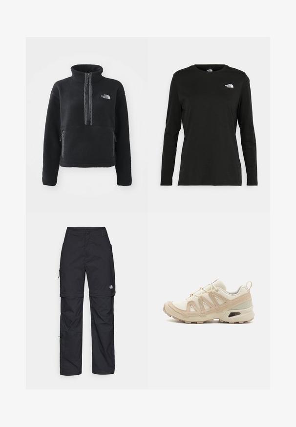 Zwart fleece sweatshirt met hoge kraag, rits aan de voorkant, twee zijzakken en wit geborduurd logo op de borst. Getextureerd materiaal.; Zwart langsluiting T-shirt van katoen met een ronde hals. Heeft een klein wit logo op de linkerkant van de borst. Eenvoudig ontwerp en pasvorm.; Zwarte nylon cargo broek met afneembare pijpen, verstelbare manchetten, meerdere zakken en een logo op het rechterbeen. Gladde, lichte textuur.; Beige en crème sportschoen met een textuur-mesh bovenwerk, ondersteunende overlays en een rubberen zool met een profielpatroon voor grip.