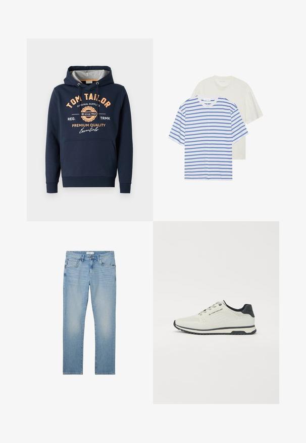 Hanorac cu glugă de culoare bleumarin, realizat din bumbac, cu interior gri. Dispune de text și logo-uri portocalii pe partea din față, buzunar tip kangaroo și mansete ribbate.; Două tricouri cu mânecă scurtă: unul alb cu dungi albastre și unul solid de culoare crem deschis. Material din bumbac moale, design cu gât rotund, croială lejeră.; Jeans de un albastru deschis, din denim, cu croi drept, având cinci buzunare, închidere cu nasture și o ușoară decolorare pe tot parcursul.; Pantof sportiv gri deschis cu un design perforat, accente negre, talpă texturată și sistem de șireturi. Logo-ul este vizibil pe lateral.
