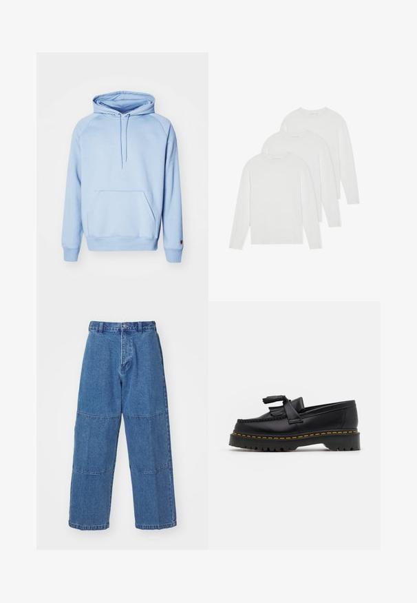 Hele sinine kapuutsiga dressipluus, mis on valmistatud pehmest kangast, esiküljel on tasku, nööriga kapuuts ja soonilised mansetid. Sile tekstuur ja lihtne disain.; Kolm ühesugust pika varrukaga T-särki, mis on täiesti valged. Valmistatud pehmest ja kergest kangast, ümmarguse kaelaaugu ning lihtsa, dekoratsioonita disainiga.; Heledad sinine teksapükste lõdva lõikega, millel on kaks erinevat kangapaneeli, eesnuppudega sulgemine ja laiad sääred.; Mustmust musta loafer, millel on frantsiisi aktsent, paks must tald ja kollane õmblus servas. Tekstuuriga viimistlus.